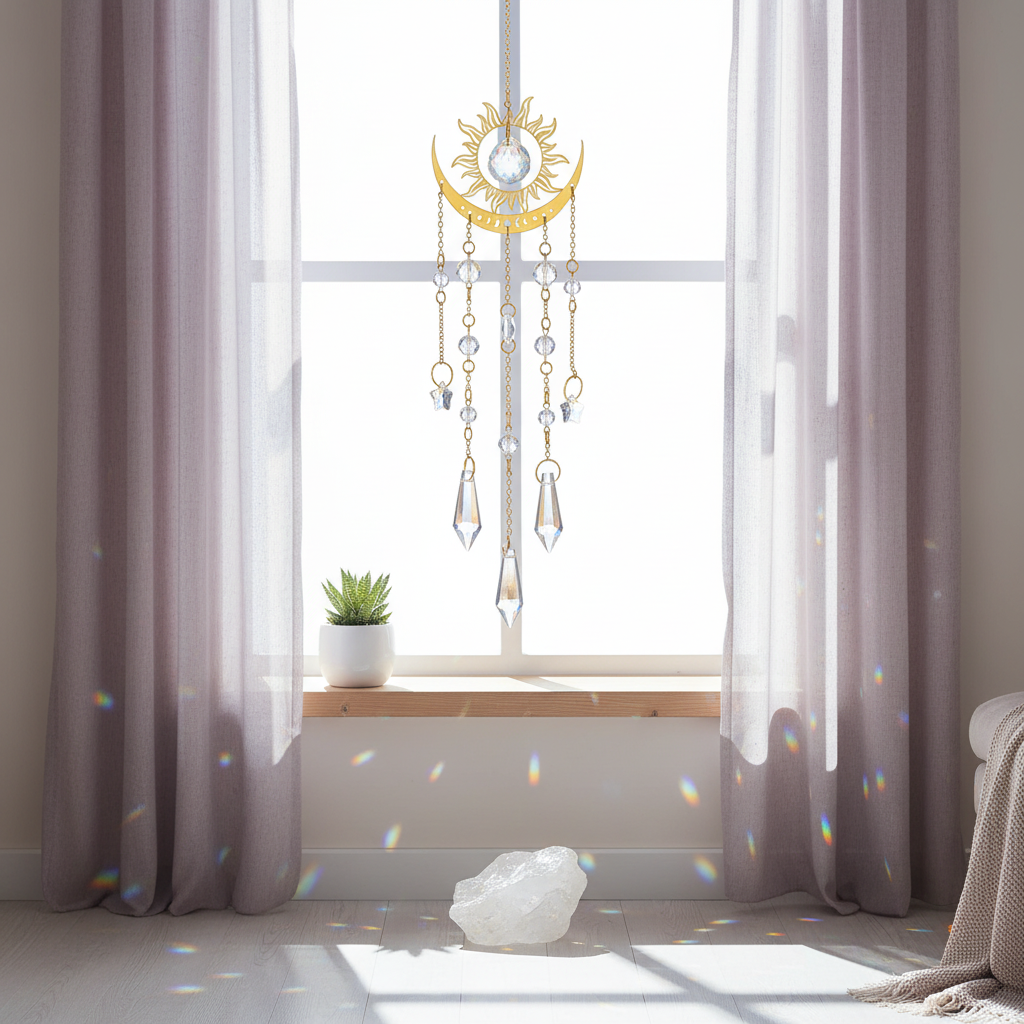 Gold moon phase crystal sun catcher hanging in a softly lit room casting rainbow light reflections across the floor and walls in a calm home setting. — for Carpe Diem Dream