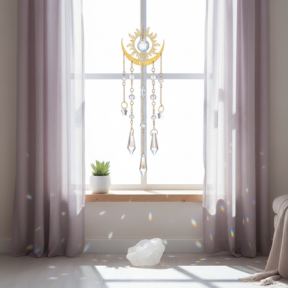 Gold moon phase crystal sun catcher hanging in a softly lit room casting rainbow light reflections across the floor and walls in a calm home setting. — for Carpe Diem Dream