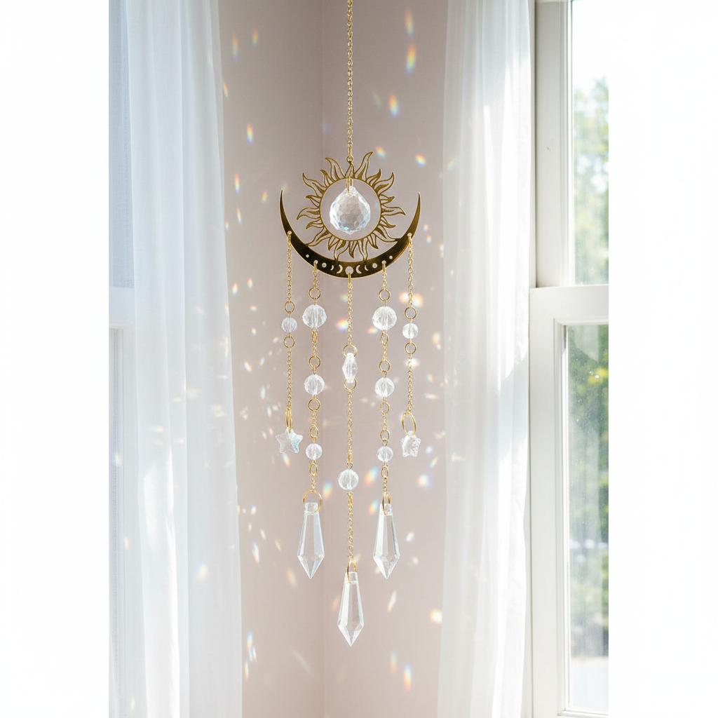 Gold moon phase crystal sun catcher hanging in a bright window casting rainbow light reflections across the wall and curtains. — for Carpe Diem Dream