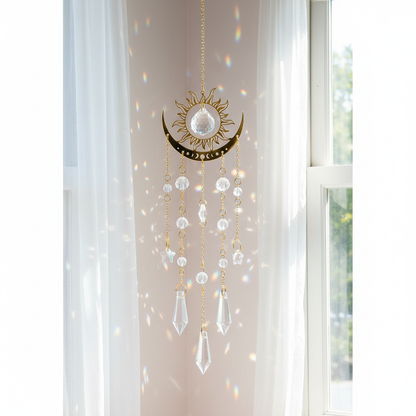 Gold moon phase crystal sun catcher hanging in a bright window casting rainbow light reflections across the wall and curtains. — for Carpe Diem Dream