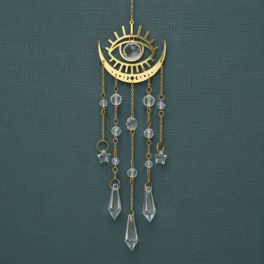 Gold moon phase crystal sun catcher with crescent moon, eye design, and hanging faceted crystals displayed against a deep teal linen background. — for Carpe Diem Dream