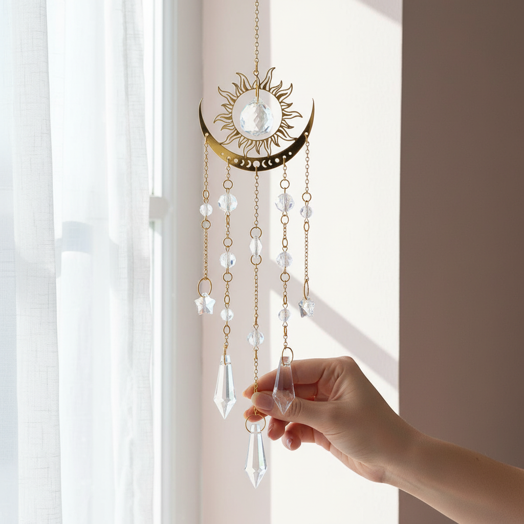 Hand adjusting a gold moon phase crystal sun catcher near a softly lit window, highlighting delicate crystal details and calming light reflections. — for Carpe Diem Dream