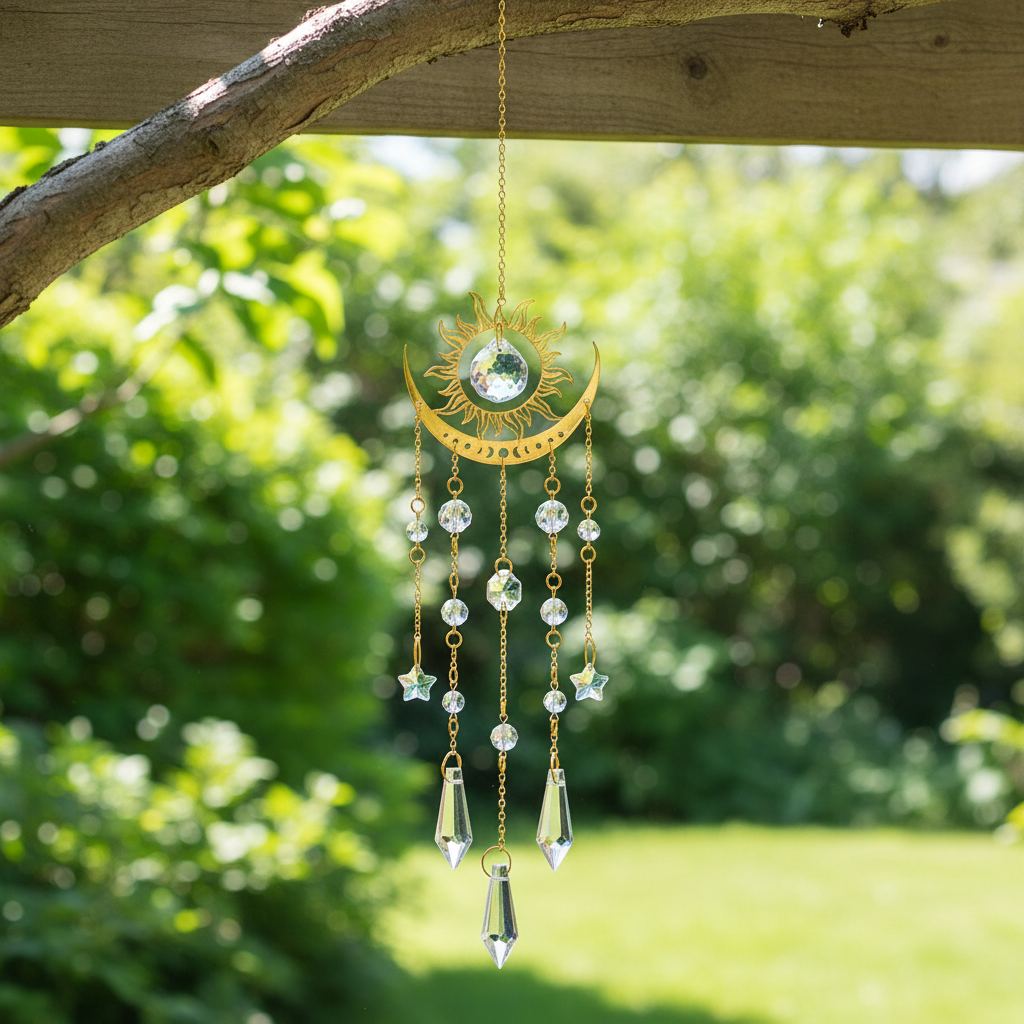 Gold moon phase crystal sun catcher hanging from a wooden beam outdoors with greenery in the background, showing size and full length of the design. — for Carpe Diem Dream