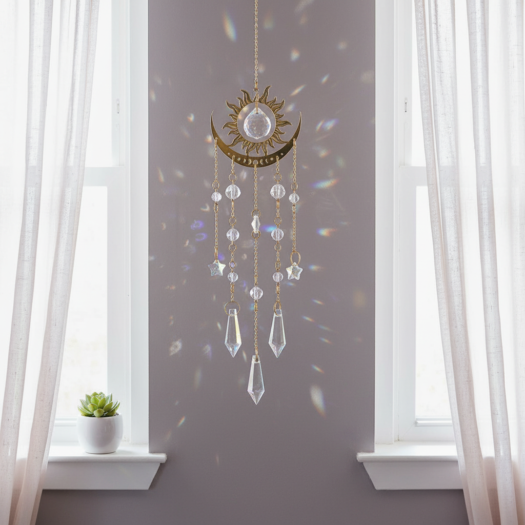 Gold moon phase crystal sun catcher hanging in a softly lit window casting rainbow light reflections across a calm interior space. — for Carpe Diem Dream