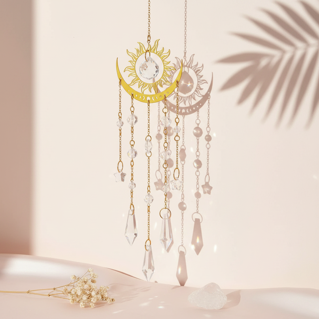 Gold moon phase crystal sun catcher with crescent moon and eye design casting soft light reflections, styled on a neutral surface with botanical shadow and delicate decor accents. — for Carpe Diem Dream