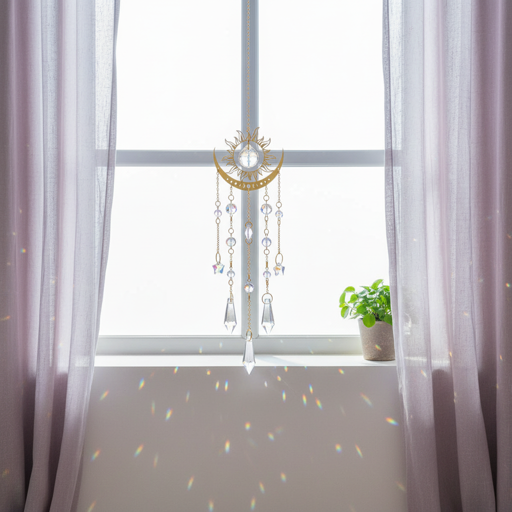 Gold moon phase crystal sun catcher hanging in a window with soft natural light illuminating the crystals and casting subtle reflections below. — for Carpe Diem Dream