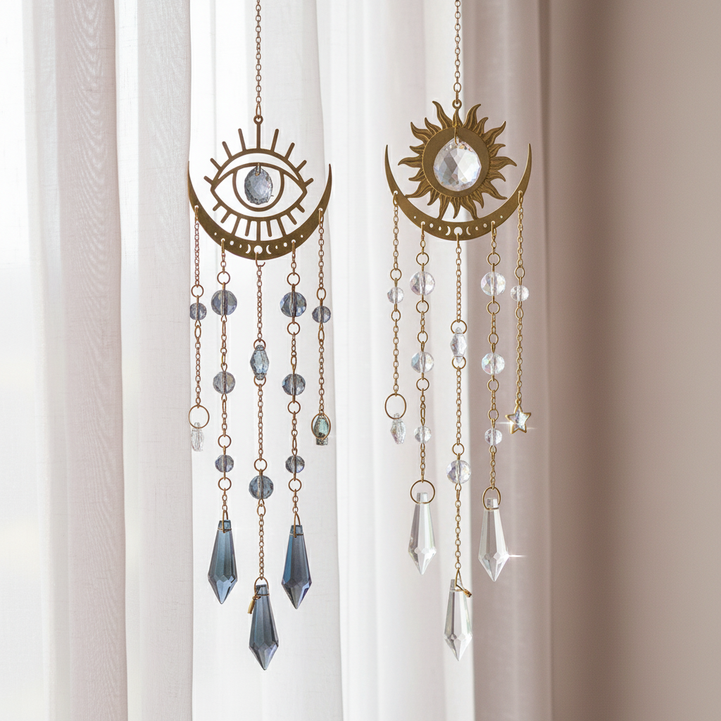 Two moon phase crystal sun catcher variants displayed side by side, featuring Moon Eyes and Moon Sun designs with gold metal and hanging crystals. — for Carpe Diem Dream