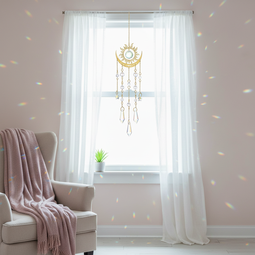 Gold moon phase crystal sun catcher hanging in a bright window casting soft rainbow light reflections across a calm living space with chair and curtains. — for Carpe Diem Dream