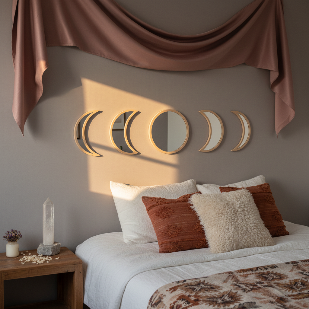 Five-piece moon phase wall mirror set with beige wood frames displayed above a cozy bed with layered pillows, a mauve draped canopy, warm sunlight, and crystal decor on the bedside table. — for Carpe Diem Dream