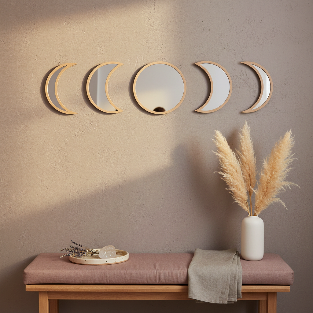 Five-piece moon phase wall mirror set with beige wood frames displayed on a warm taupe wall above a cushioned bench with a vase of pampas grass, a small tray, and a draped cloth in soft natural light. — for Carpe Diem Dream