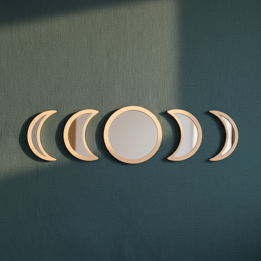 Five-piece moon phase wall mirror set with beige wood frames displayed on a deep teal textured wall with soft natural light. — for Carpe Diem Dream