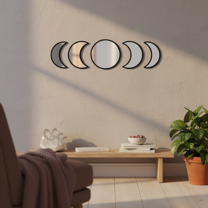 Black five-piece moon phase wall mirror set displayed above a low wooden bench with crystals, selenite, stacked books, a small bowl, and a potted plant in a softly lit spa-like room. — for Carpe Diem Dream