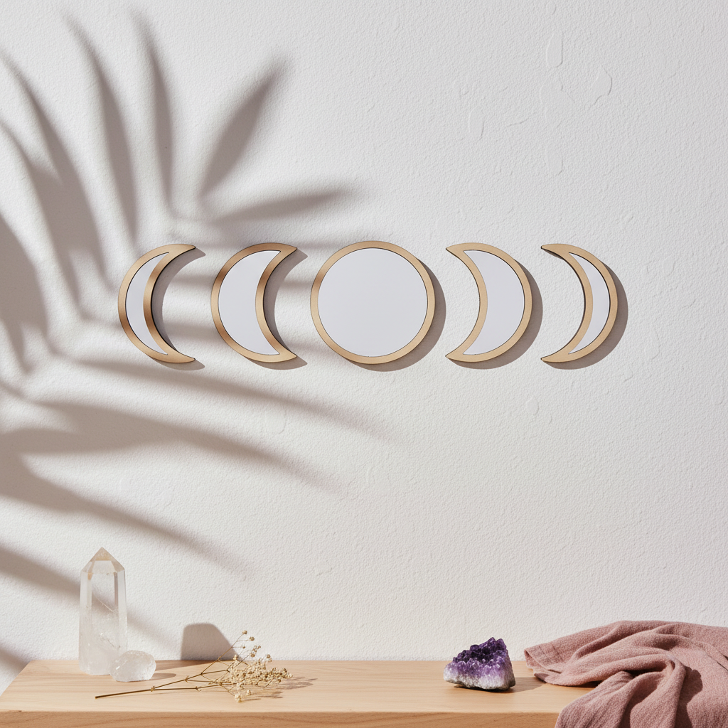 Five-piece moon phase wall mirror set with beige wood frames displayed on a textured white wall above a light wood shelf with crystals, an amethyst cluster, dried florals, a mauve draped cloth, and soft botanical shadows. — for Carpe Diem Dream