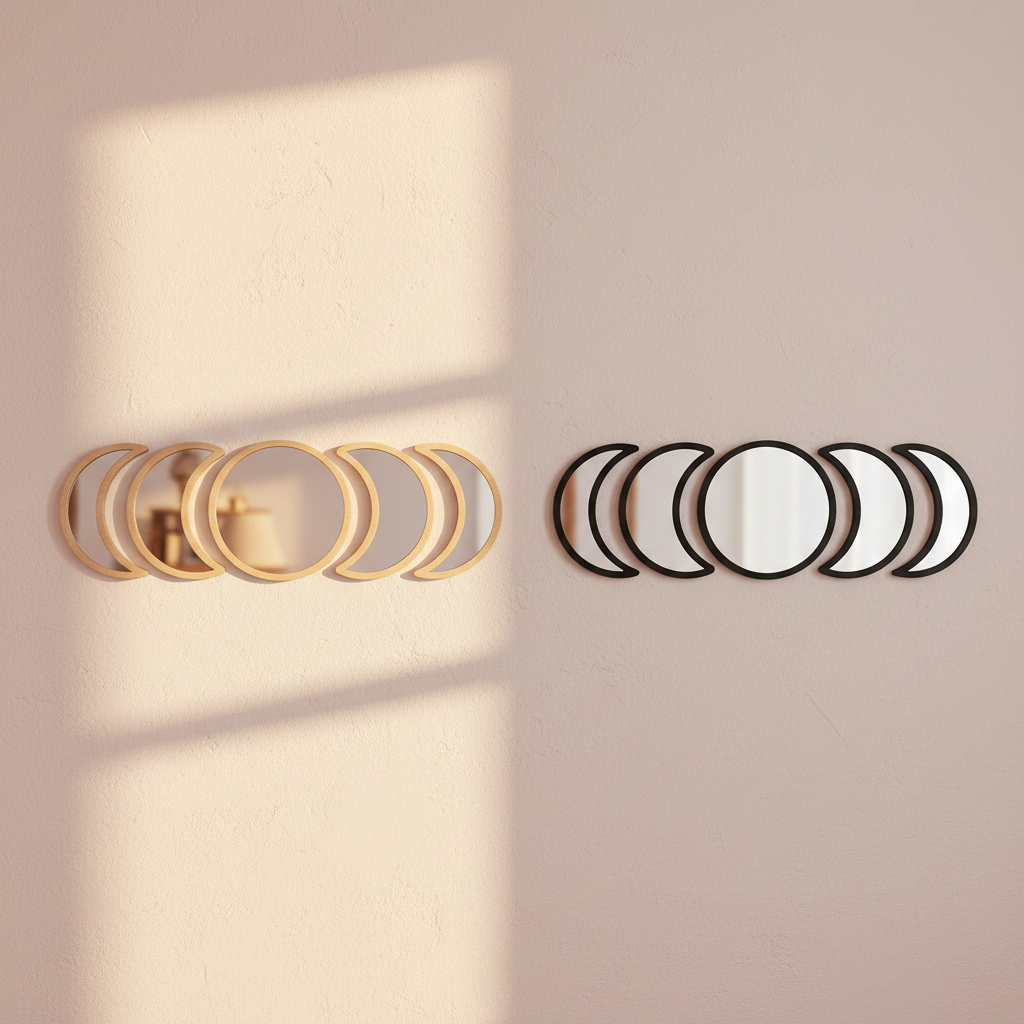Beige and black moon phase wall mirror sets displayed side by side on a warm neutral wall with soft window light showing color variant options. — for Carpe Diem Dream