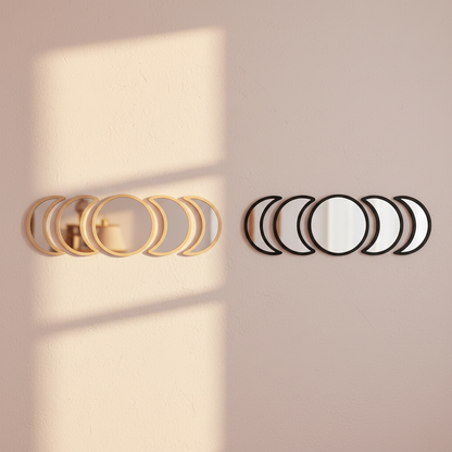 Beige and black moon phase wall mirror sets displayed side by side on a warm neutral wall with soft window light showing color variant options. — for Carpe Diem Dream