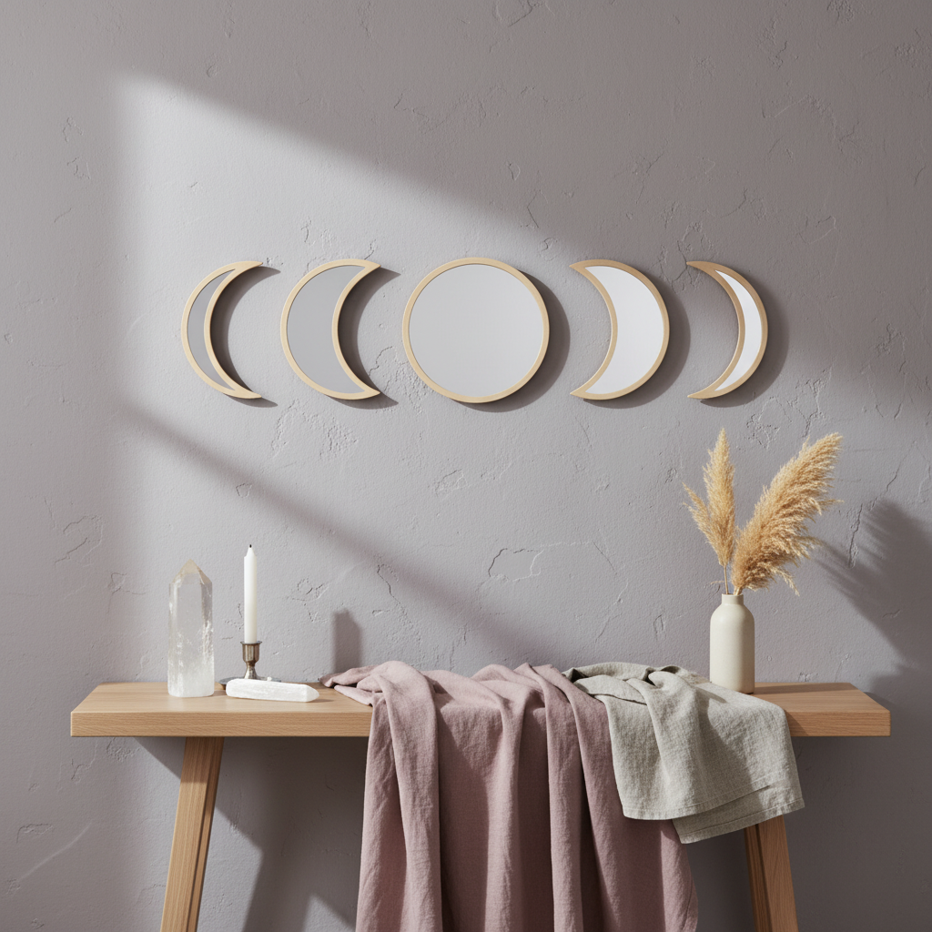 Five-piece moon phase wall mirror set with beige wood frames displayed above a light wood console table styled with draped cloth, a crystal, a candle, and pampas grass on a softly textured wall with warm natural light. — for Carpe Diem Dream