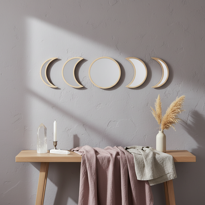 Five-piece moon phase wall mirror set with beige wood frames displayed above a light wood console table styled with draped cloth, a crystal, a candle, and pampas grass on a softly textured wall with warm natural light. — for Carpe Diem Dream