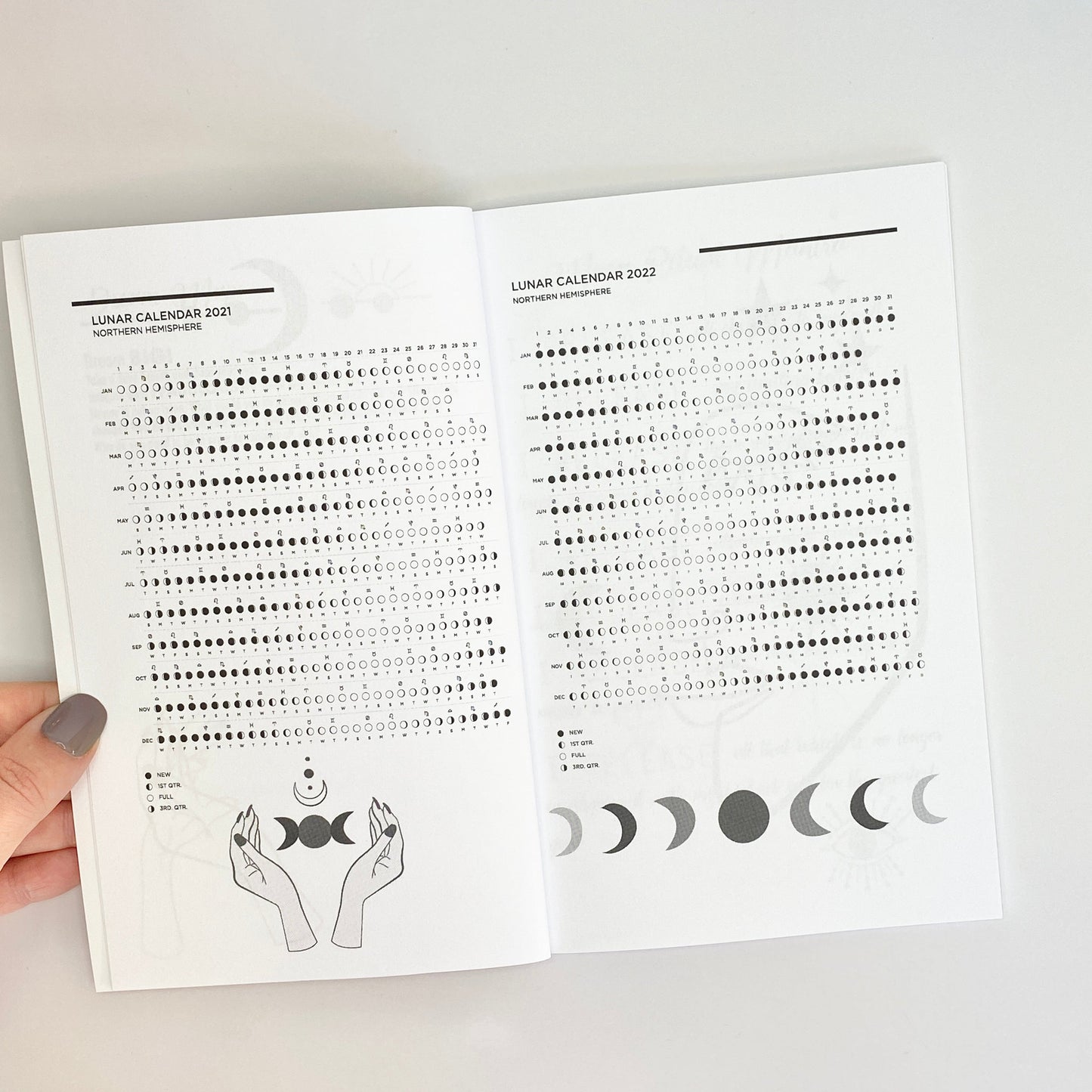 Interior spread of Moon Rituals & Manifestation Journal showing lunar calendar tracking pages with detailed moon phase charts on a white background — for Carpe Diem Dream