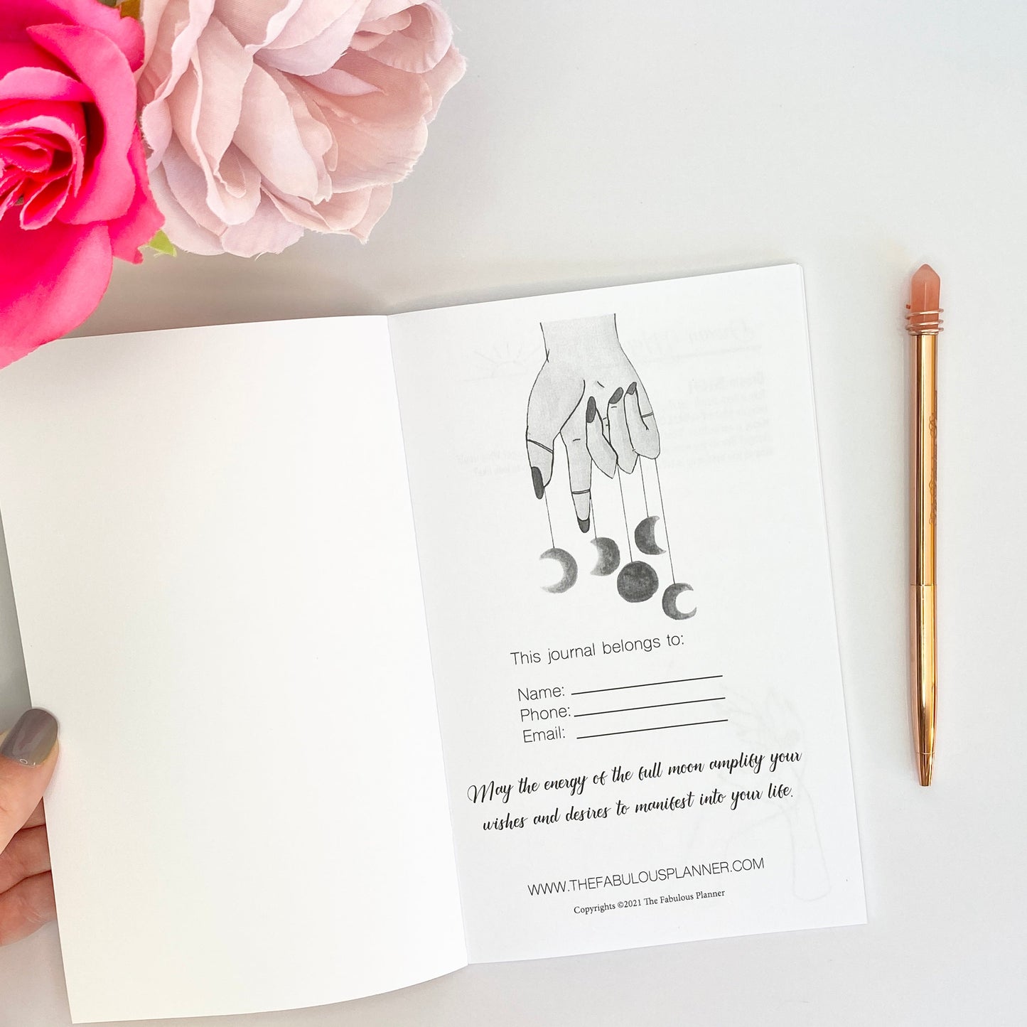 Interior ownership page of Moon Rituals & Manifestation Journal with “This journal belongs to” section and moon phase illustration on a white background — for Carpe Diem Dream