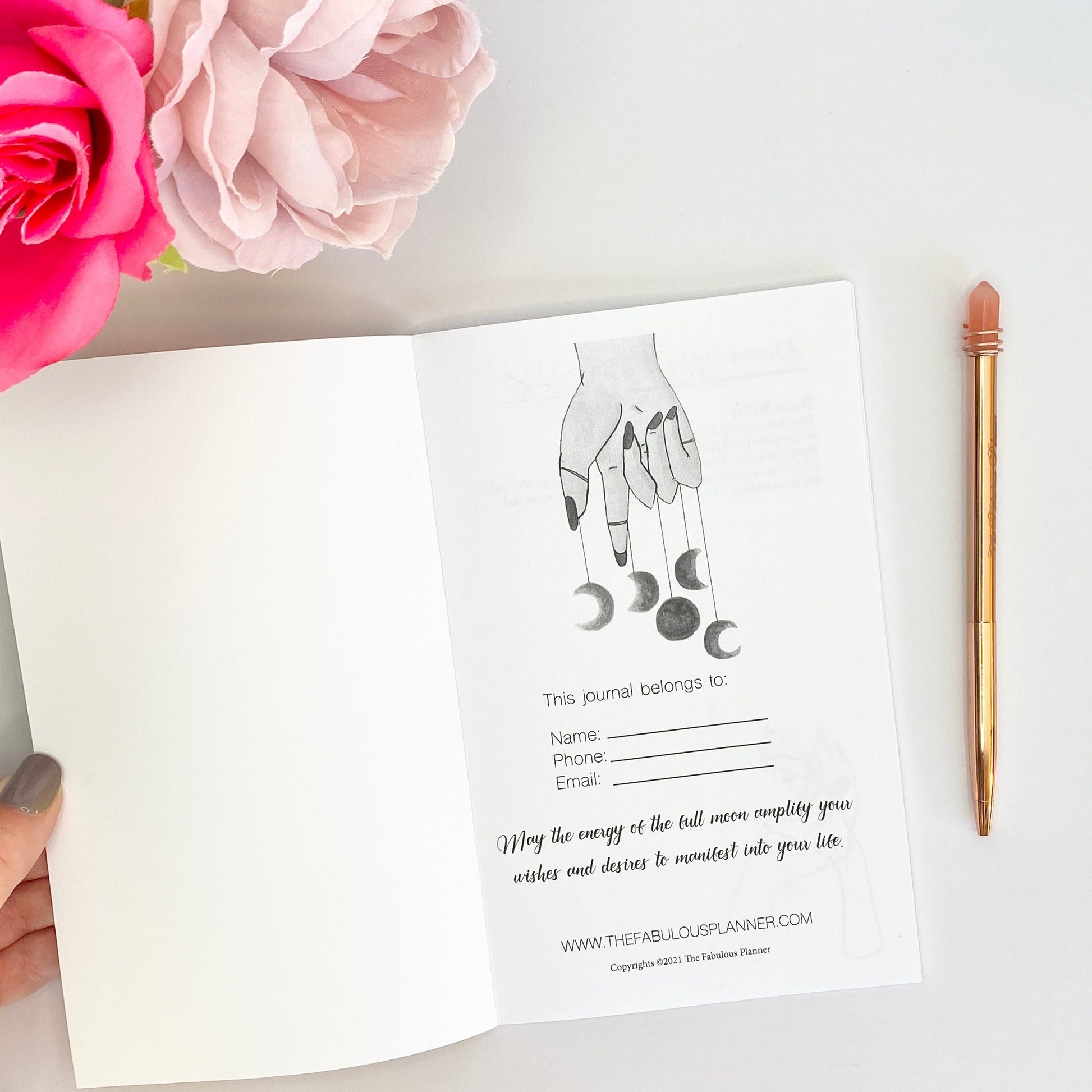 Interior ownership page of Moon Rituals & Manifestation Journal with “This journal belongs to” section and moon phase illustration on a white background — for Carpe Diem Dream