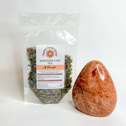 Moon Time Ease Tea – Organic Crystal-Infused Tea with Moonstone, 20 g loose-leaf herbal tea package with polished Moonstone crystal. — for Carpe Diem Dream