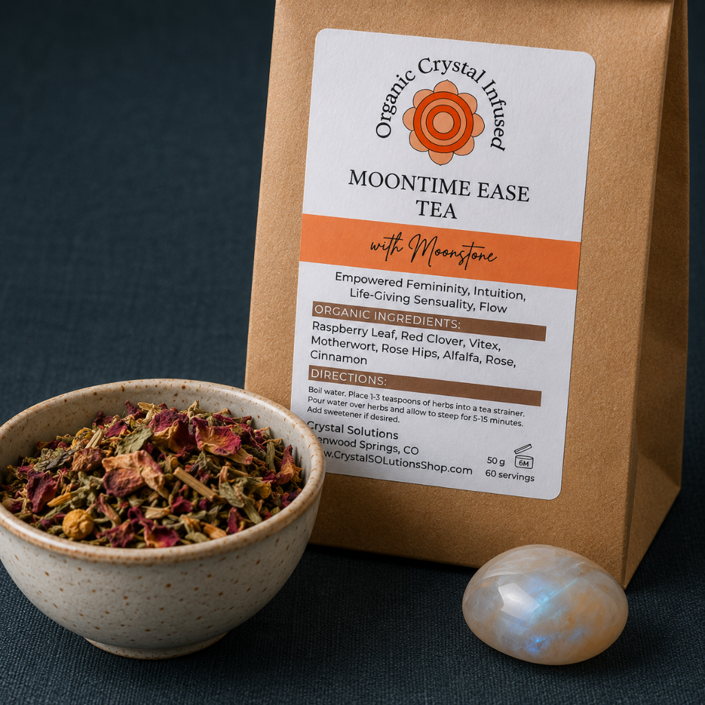 Close-up of Moon Time Ease Tea – Organic Crystal-Infused Tea with Moonstone, highlighting the premium kraft tea package, organic loose-leaf herbal blend, and polished Moonstone crystal. — for Carpe Diem Dream