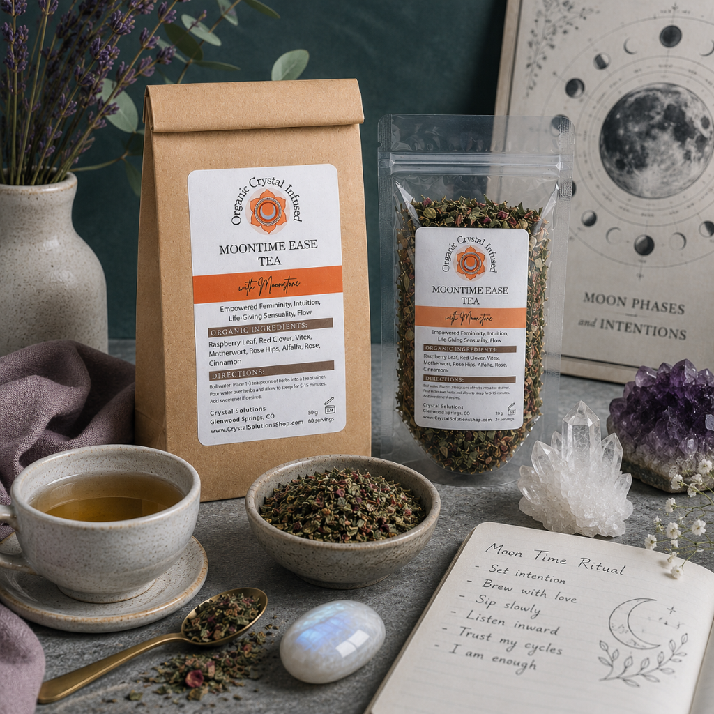Moon Time Ease Tea – Organic Crystal-Infused Tea with Moonstone styled in a cool-toned moon ritual setting with brewed herbal tea, organic loose-leaf herbs, moon phase artwork, and calming wellness elements, inspiring an intentional self-care ritual. — for Carpe Diem Dream