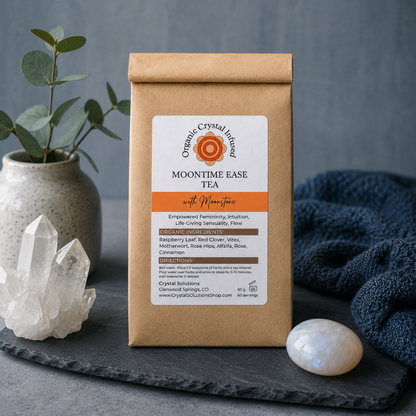 Moon Time Ease Tea – Organic Crystal-Infused Tea with Moonstone displayed in the Carpe Diem Dream signature editorial studio with Roman Clay architecture, cool greige tones, premium styling, and a freshly brewed cup of herbal tea. — for Carpe Diem Dream