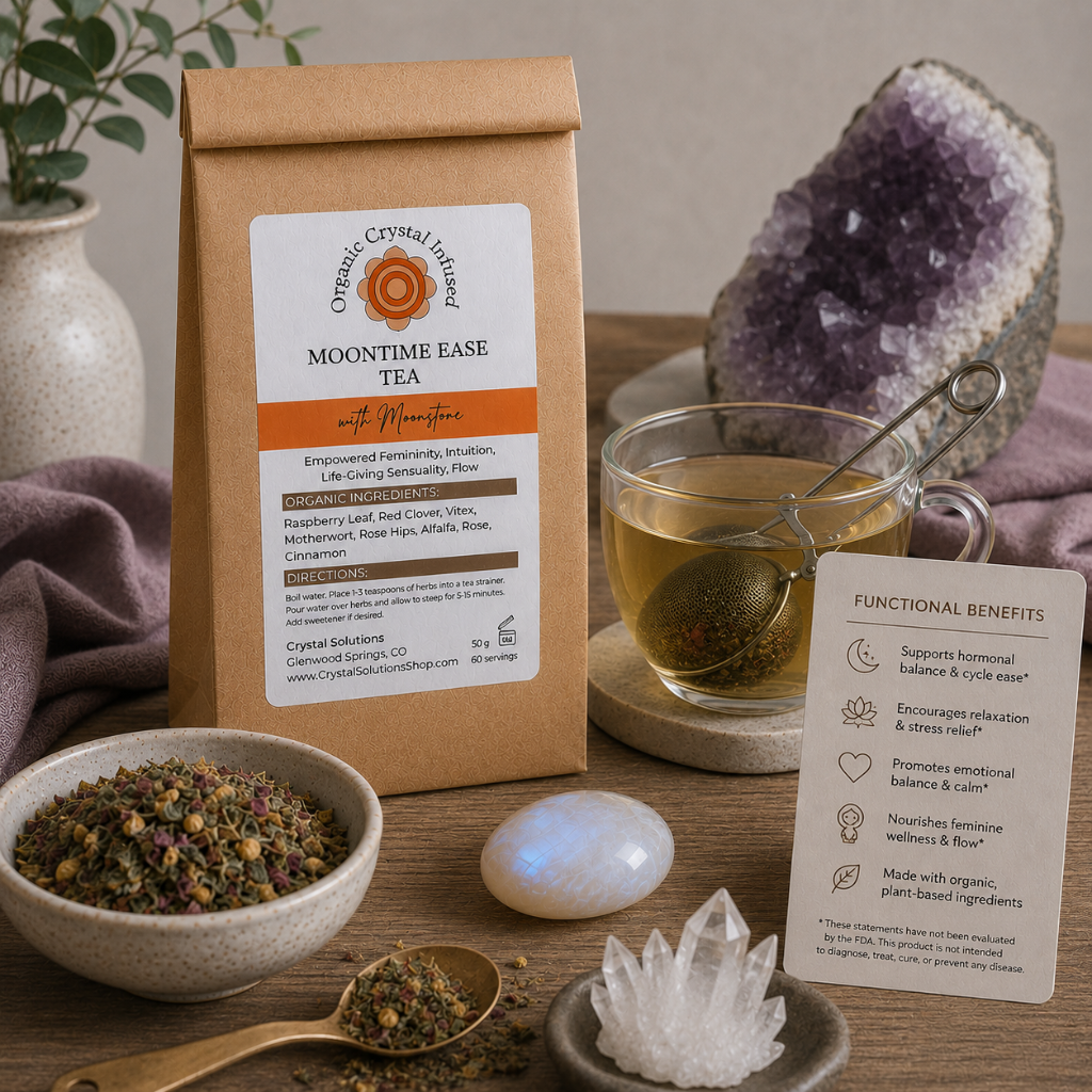 Moon Time Ease Tea – Organic Crystal-Infused Tea with Moonstone shown in use with a freshly brewed cup of herbal tea, tea infuser, and loose-leaf herbs, demonstrating a simple and calming daily brewing ritual. — for Carpe Diem Dream
