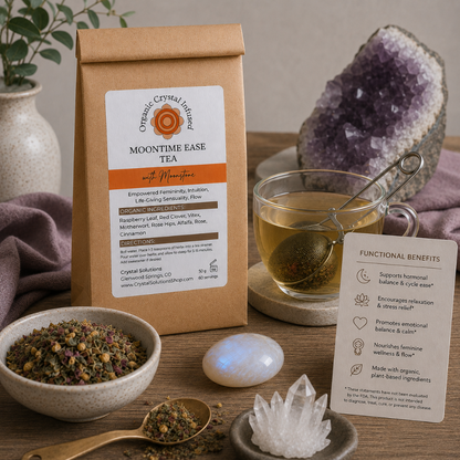 Moon Time Ease Tea – Organic Crystal-Infused Tea with Moonstone shown in use with a freshly brewed cup of herbal tea, tea infuser, and loose-leaf herbs, demonstrating a simple and calming daily brewing ritual. — for Carpe Diem Dream