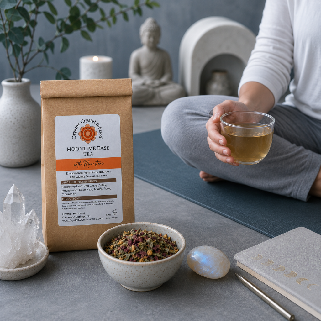 Moon Time Ease Tea – Organic Crystal-Infused Tea with Moonstone enjoyed during a calming self-care ritual with a freshly brewed cup of herbal tea, illustrating its purpose as a comforting daily wellness practice. — for Carpe Diem Dream