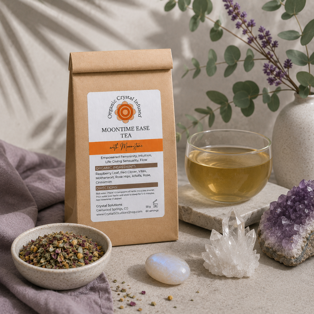 Moon Time Ease Tea – Organic Crystal-Infused Tea with Moonstone displayed in the Carpe Diem Dream signature botanical studio with Roman Clay architecture, mauve linen, eucalyptus, natural stone, and cool diffused daylight. — for Carpe Diem Dream
