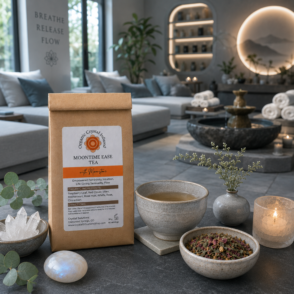 Moon Time Ease Tea – Organic Crystal-Infused Tea with Moonstone displayed in a serene spa retreat with a soothing herbal tea service, creating a peaceful atmosphere of comfort, relaxation, and feminine wellness. — for Carpe Diem Dream