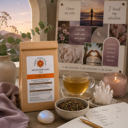 Moon Time Ease Tea – Organic Crystal-Infused Tea with Moonstone styled in a serene wellness space with a feminine vision board, herbal tea ritual, and calming décor, inspiring a future of balance, intuition, and self-care. — for Carpe Diem Dream