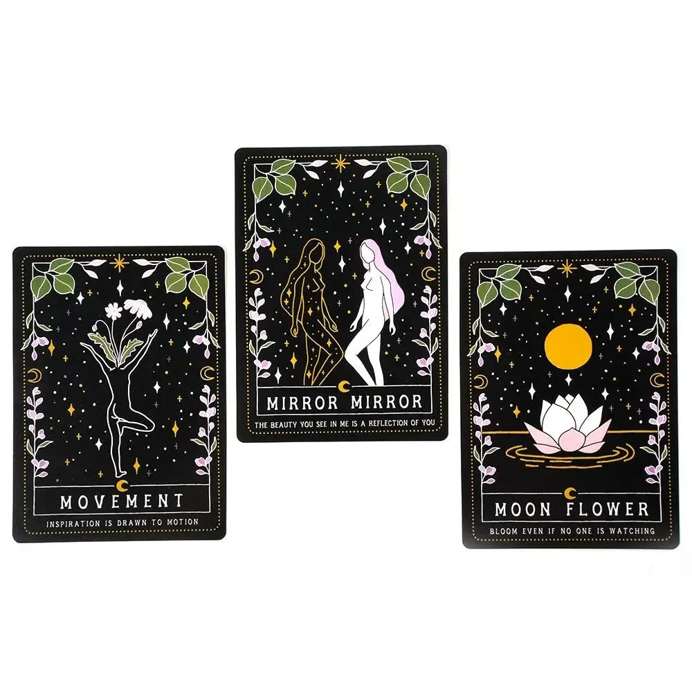 Three Moon Witch Oracle cards featuring celestial illustrations displayed upright on a clean white background showing detailed artwork. — for Carpe Diem Dream