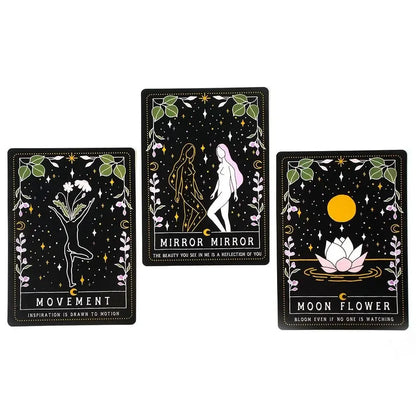 Three Moon Witch Oracle cards featuring celestial illustrations displayed upright on a clean white background showing detailed artwork. — for Carpe Diem Dream