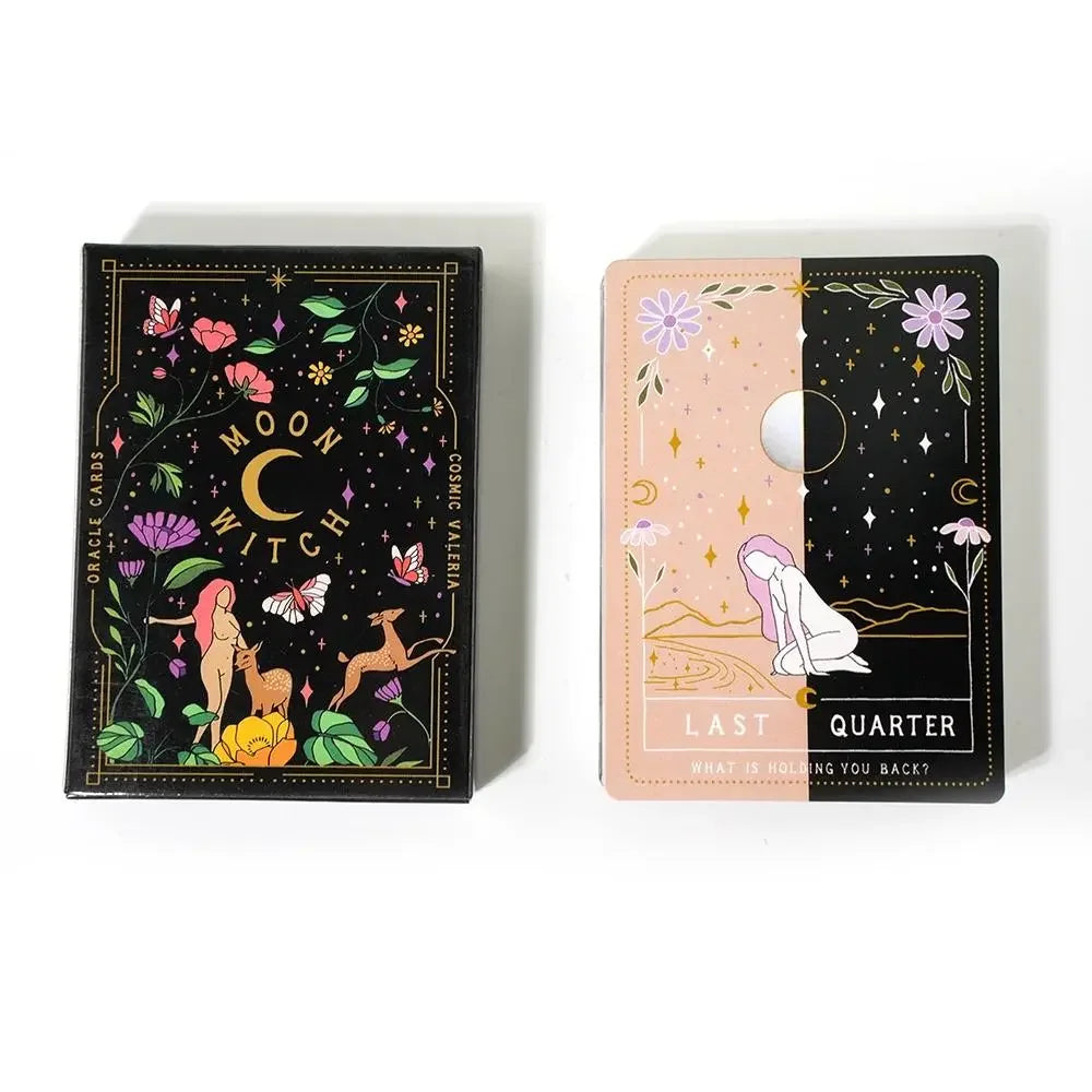 A Moon Witch Oracle deck box displayed beside a single oracle card featuring celestial and floral artwork on a clean white background. — for Carpe Diem Dream