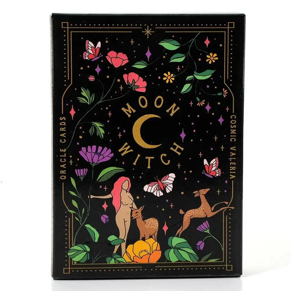 A Moon Witch Oracle deck box featuring celestial and floral artwork with a crescent moon and illustrated figures displayed on a clean white background. — for Carpe Diem Dream