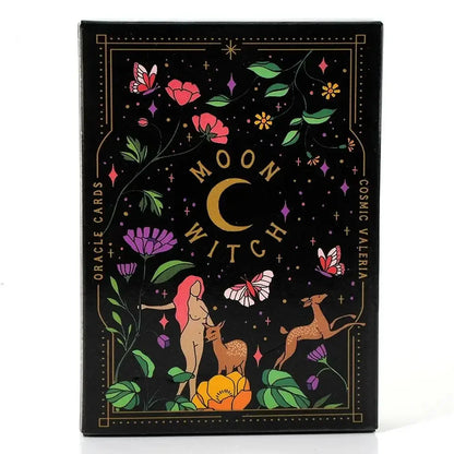 A Moon Witch Oracle deck box featuring celestial and floral artwork with a crescent moon and illustrated figures displayed on a clean white background. — for Carpe Diem Dream