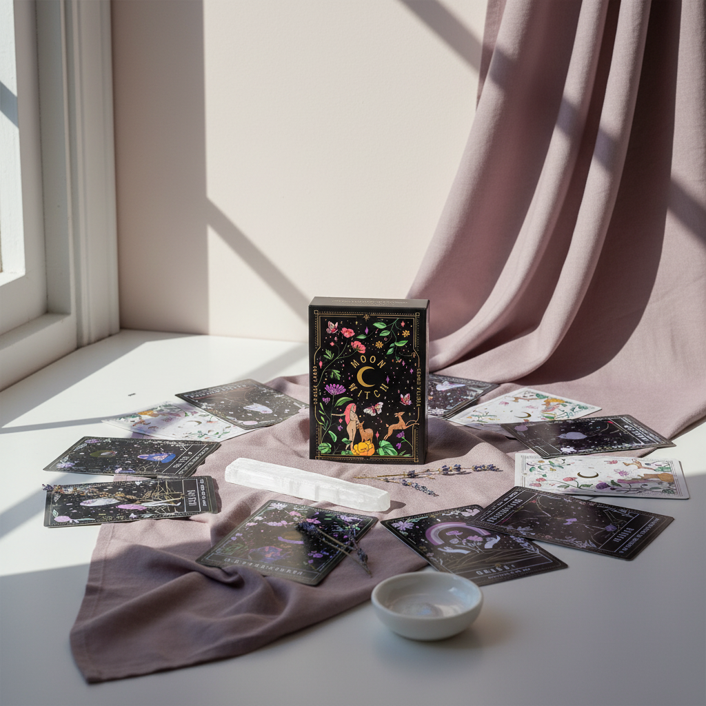 A Moon Witch Oracle deck displayed upright with multiple cards spread in a circular layout alongside a selenite wand, crystals, and draped mauve fabric in soft natural window light. — for Carpe Diem Dream