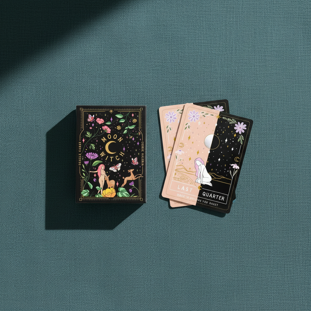 A Moon Witch Oracle deck box with floral celestial artwork displayed beside a spread of illustrated oracle cards on a textured deep teal linen surface with soft directional lighting. — for Carpe Diem Dream
