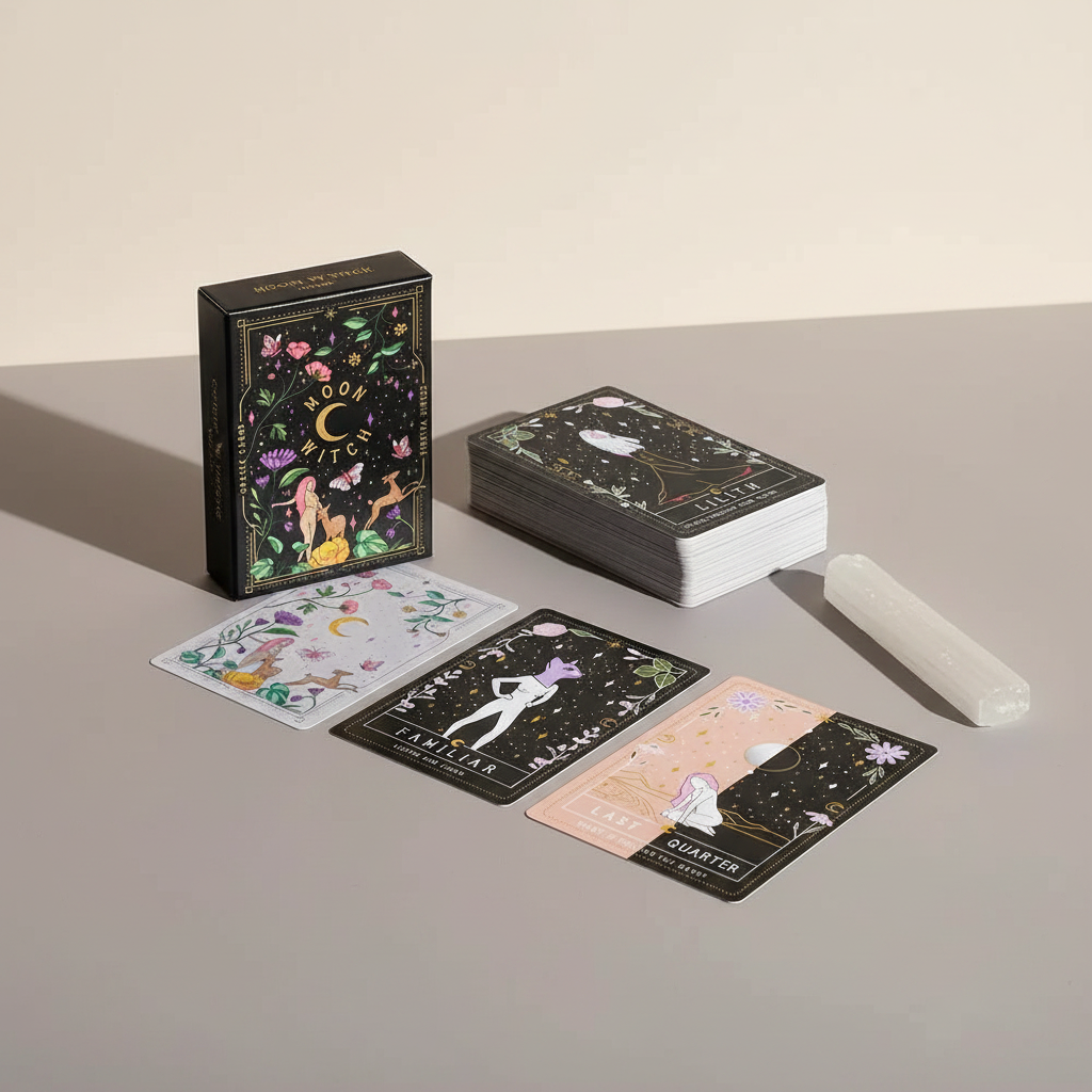 A Moon Witch Oracle deck box and stacked cards displayed with several cards laid out beside a selenite wand on a clean neutral studio surface with soft lighting. — for Carpe Diem Dream