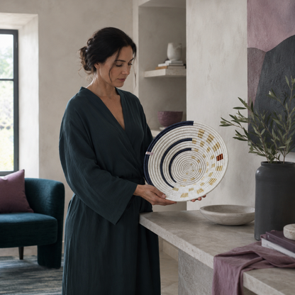 Moonrise Wall Basket handwoven decorative wall basket styled on a table in a serene interior with natural, navy, and golden woven pattern. — for Carpe Diem Dream
