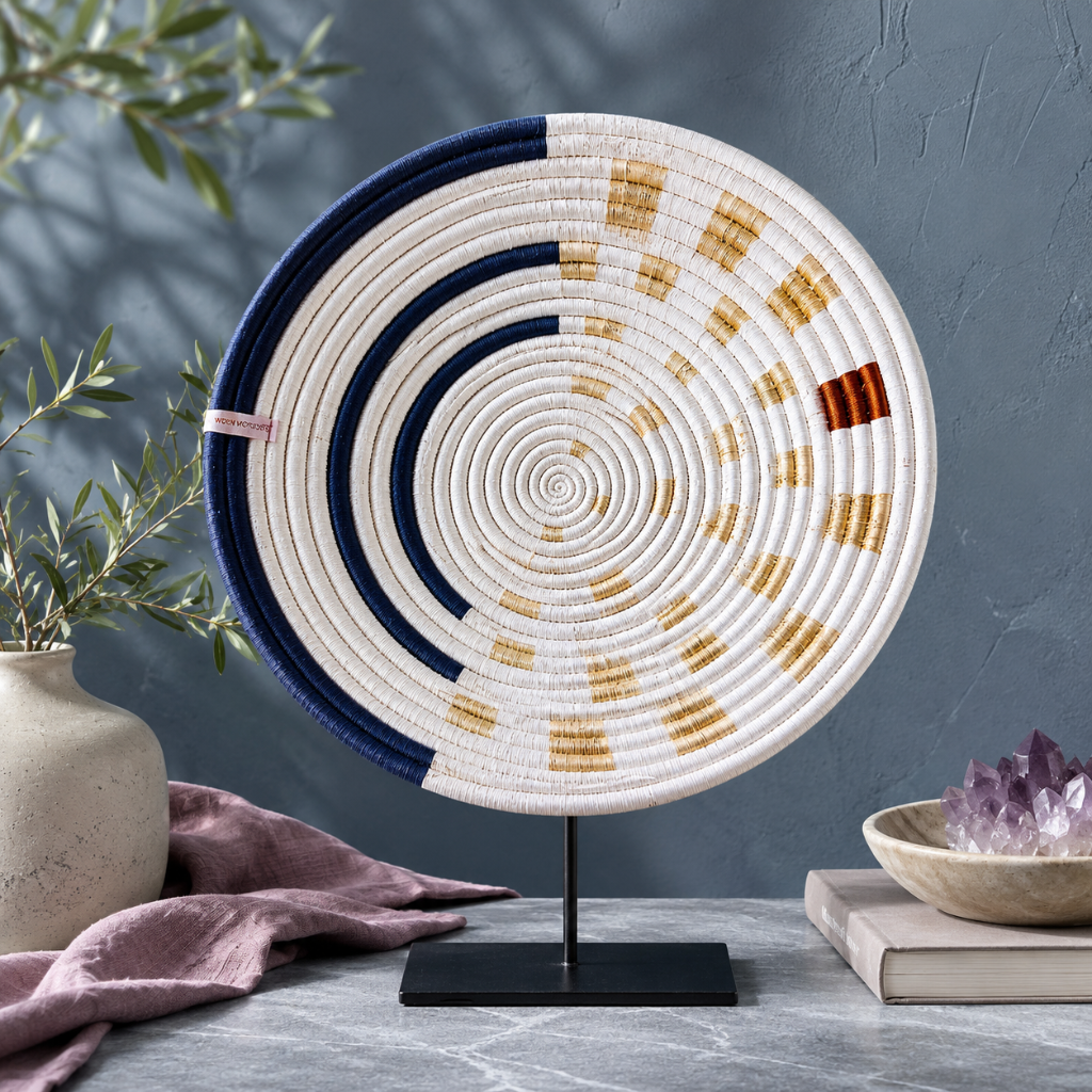 Moonrise Wall Basket handwoven decorative wall basket with natural, navy, and golden woven pattern styled on a cool blue-gray stone surface with mauve textile and natural accents. — for Carpe Diem Dream
