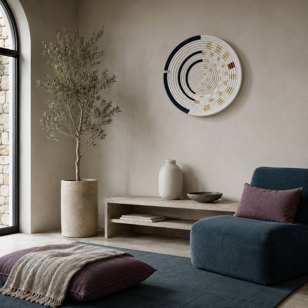 Moonrise Wall Basket handwoven decorative wall basket styled in a serene meditation corner with dark teal seating, mauve accents, natural stone, and cool-toned décor. — for Carpe Diem Dream
