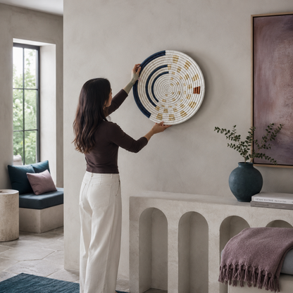 Person arranging a large Moonrise Wall Basket on a Roman Clay wall in a cool-toned living space with natural, navy, and golden woven pattern. — for Carpe Diem Dream