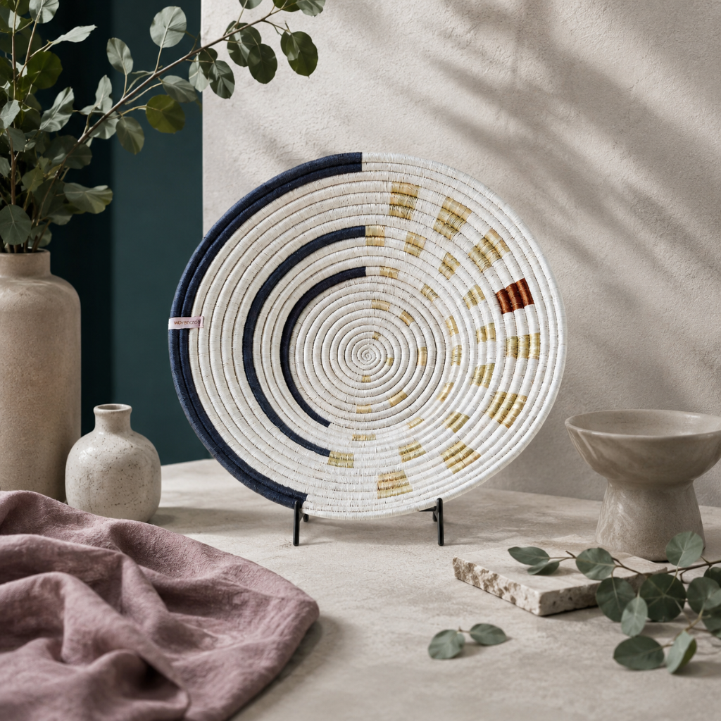 Moonrise Wall Basket handwoven decorative wall basket styled in a botanical studio with dark teal, mauve linen, natural stone, ceramics, and eucalyptus accents. — for Carpe Diem Dream
