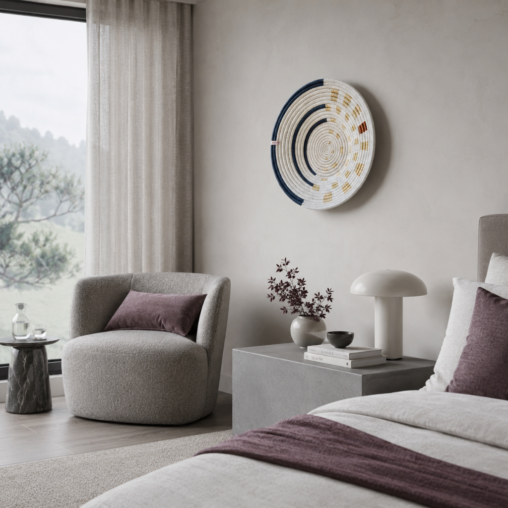 Moonrise Wall Basket handwoven decorative wall basket styled in a serene bedroom with soft stone textures, mauve accents, and cool quiet-luxury décor. — for Carpe Diem Dream