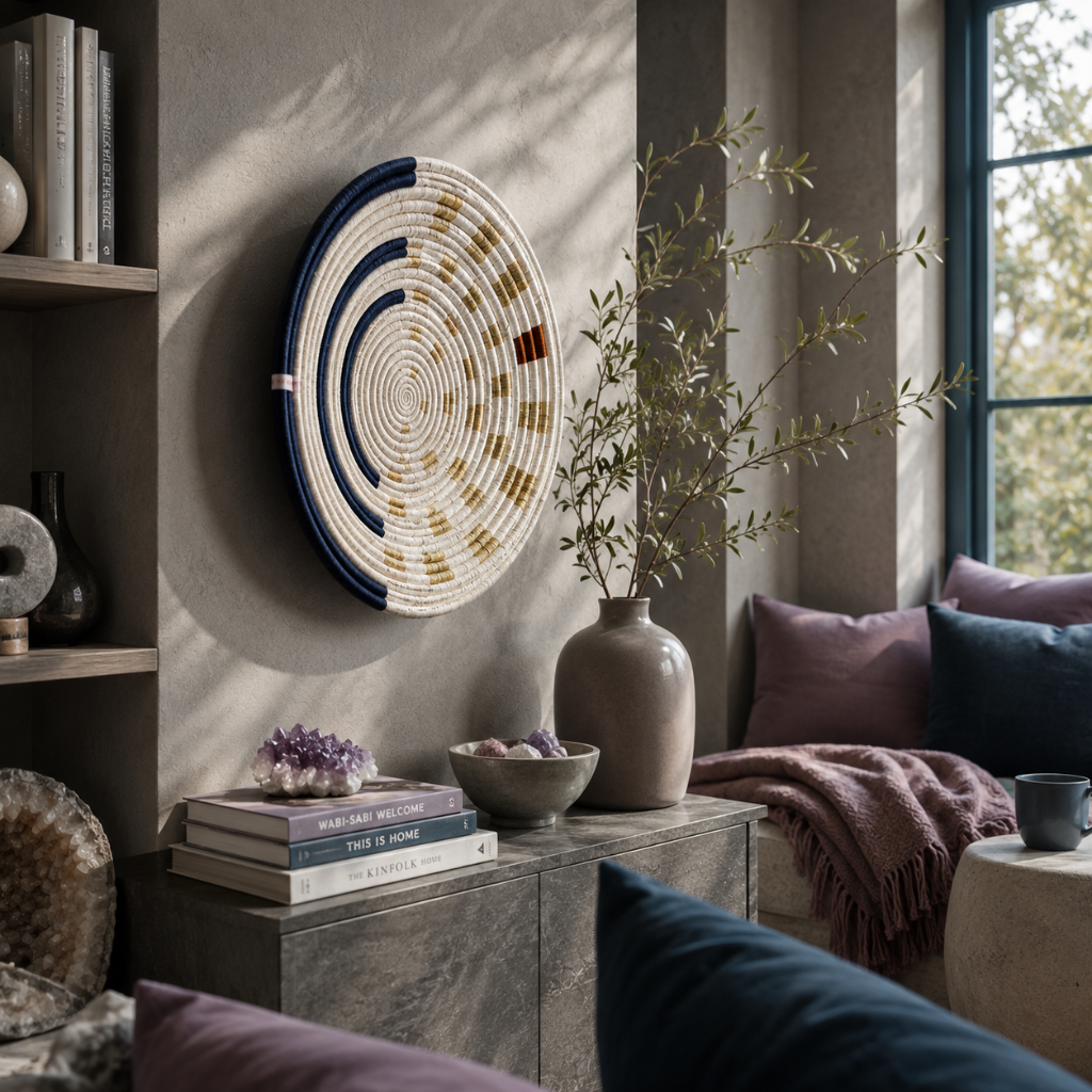 Moonrise Wall Basket handwoven decorative wall basket styled in a calm sanctuary nook with natural, navy, and golden woven pattern, dark teal accents, mauve textiles, and soft stone décor. — for Carpe Diem Dream