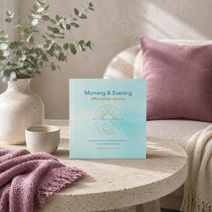 Morning & Evening Affirmation Journal paperback by Noelle Whittington displayed upright on a limestone coffee table beside eucalyptus stems, a ceramic cup, and mauve textiles in a calm wellness-inspired living space, supporting daily morning and evening reflection practices — for Carpe Diem Dream